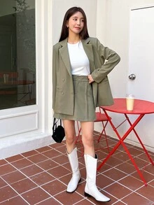 DAZY Solid Double Breasted Blazer & Skirt - Green - View 5