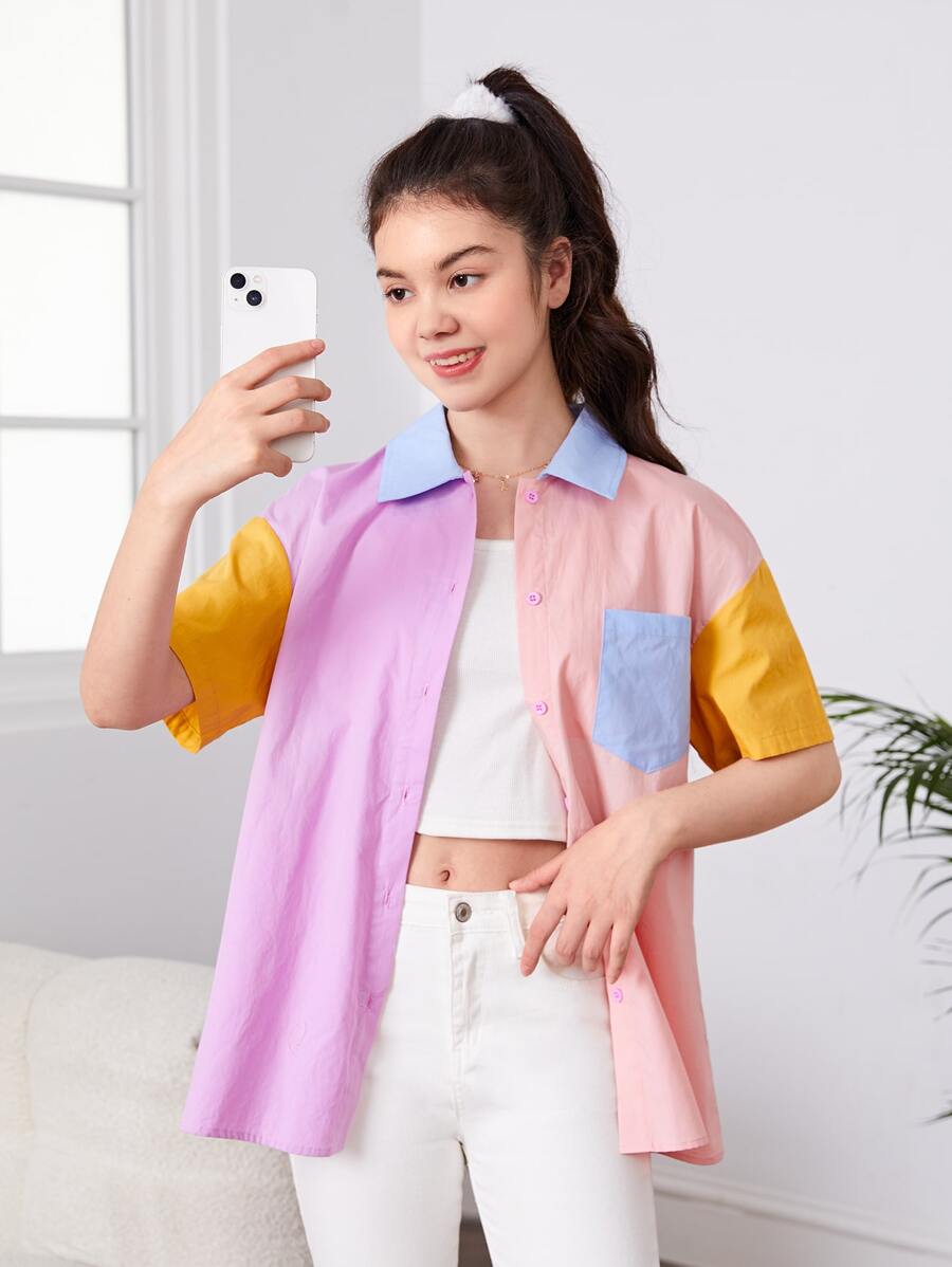 SHEIN Teen Girls Colourblock Print Drop Shoulder Shirt - Multicolor - View 1