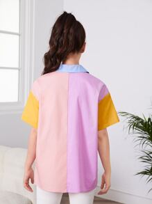 SHEIN Teen Girls Colourblock Print Drop Shoulder Shirt - Multicolor - View 2