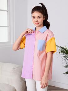 SHEIN Teen Girls Colourblock Print Drop Shoulder Shirt - Multicolor - View 3