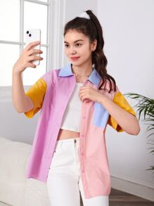 SHEIN Teen Girls Colourblock Print Drop Shoulder Shirt - Multicolor - View 4