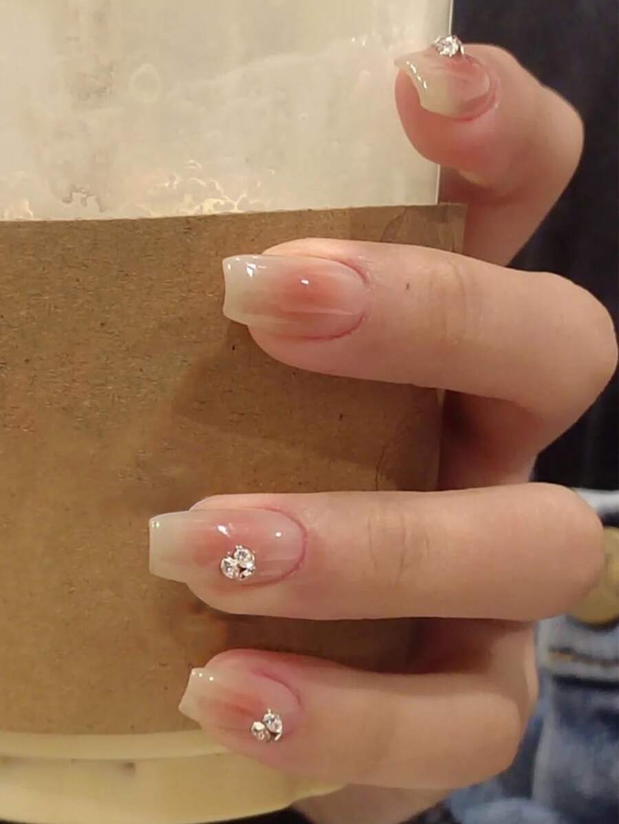 Instantly Upgrade Your Look with 24pcs Short Square Blush 3D Rhinestone Decor Fake Nail & 1pc Nail File & 1sheet Tape - Multicolor - View 1