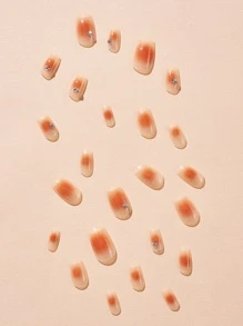 Instantly Upgrade Your Look with 24pcs Short Square Blush 3D Rhinestone Decor Fake Nail & 1pc Nail File & 1sheet Tape - Multicolor - View 3