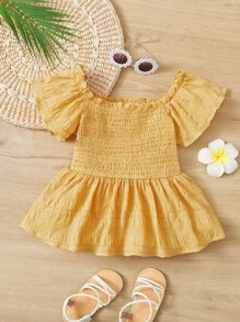 SHEIN Girls Off Shoulder Ruffle Hem Smock Top - Yellow - View 1