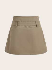 SHEIN MOD High Waist Buckled Detail Fold Pleated Belted PU Leather Skirt - Khaki - View 2