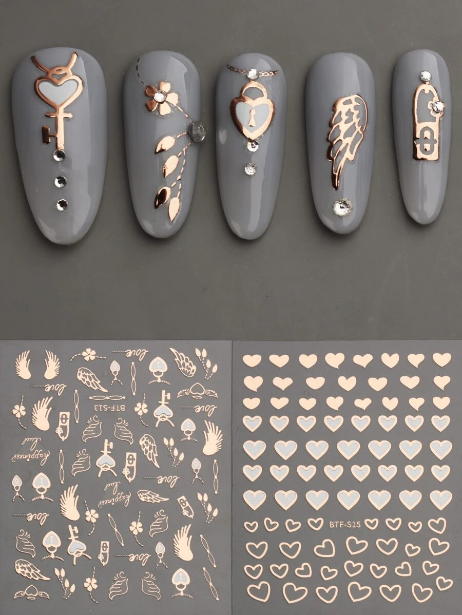 FULL BEAUTY 2sheets Wings & Heart Pattern Nail Art Sticker Y2K-style Nail Art Decals - Rose Gold - View 1