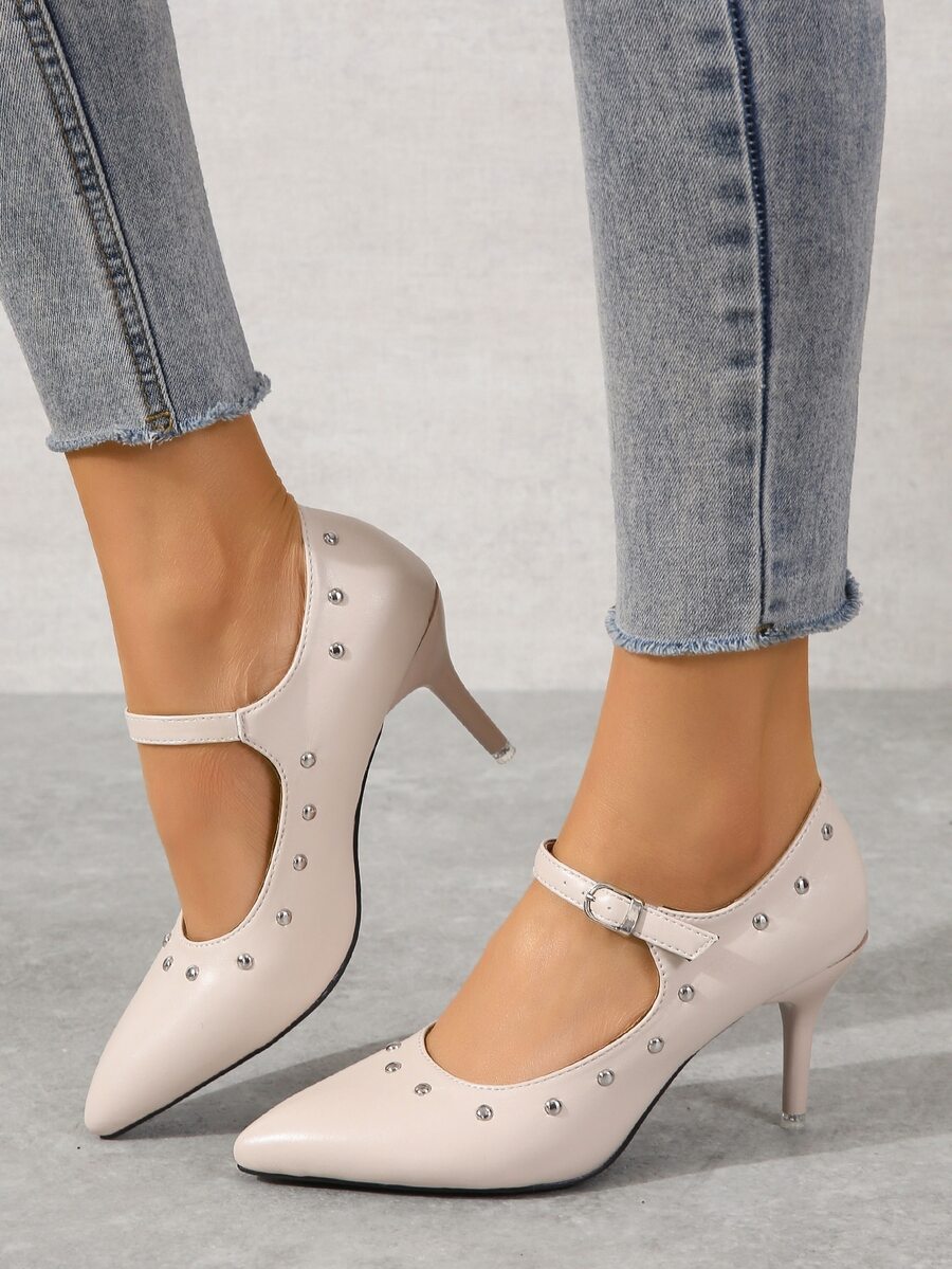 Studded Decor Point Toe Stiletto Heeled Mary Jane Pumps - Beige - View 1