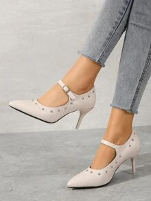 Studded Decor Point Toe Stiletto Heeled Mary Jane Pumps - Beige - View 2