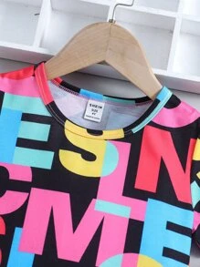 年輕女孩休閒彩色字母圓領T恤和黑色拼接打底褲套裝，2件裝，適合夏季、戶外、日常穿著，簡單百搭 - 彩色 - 查看 7