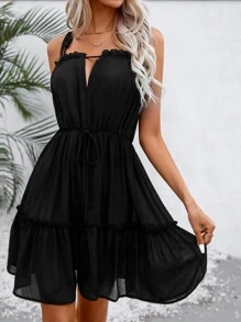 SHEIN Swim Ruffle Hem Tie Shoulder Cover Up For Summer Beach Vacation - Black - View 1
