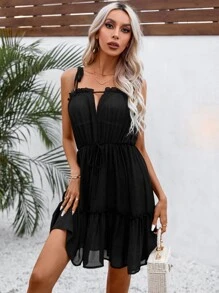 SHEIN Swim Ruffle Hem Tie Shoulder Cover Up For Summer Beach Vacation - Black - View 4