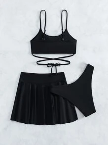 Swim Basics Summer Beach 3packs Plain Lace Up Bikini Set & Beach Skirt - Black - View 2