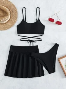Swim Basics Summer Beach 3packs Plain Lace Up Bikini Set & Beach Skirt - Black - View 3