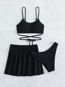 Swim Basics Summer Beach 3packs Plain Lace Up Bikini Set & Beach Skirt - Black - View 4