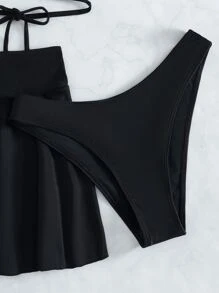 Swim Basics Summer Beach 3packs Plain Lace Up Bikini Set & Beach Skirt - Black - View 6