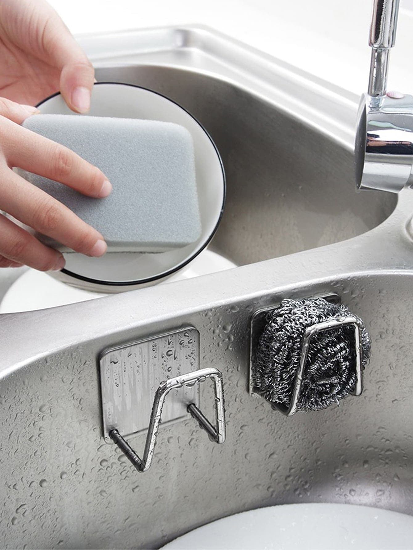 2 piezas Soporte para esponja sin taladro, Estante para esponja de montaje en pared, Estante de drenaje de acero inoxidable para el fregadero - Plateado - Ver 1