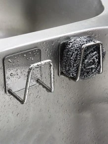 2 piezas Soporte para esponja sin taladro, Estante para esponja de montaje en pared, Estante de drenaje de acero inoxidable para el fregadero - Plateado - Ver 4