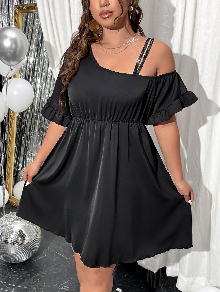 SHEIN Clasi Plus Asymmetrical Neck Flounce Sleeve Dress - Black - View 1