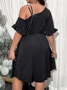 SHEIN Clasi Plus Asymmetrical Neck Flounce Sleeve Dress - Black - View 2