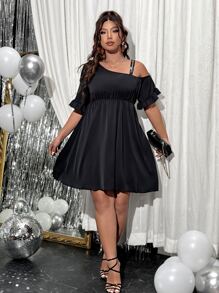 SHEIN Clasi Plus Asymmetrical Neck Flounce Sleeve Dress - Black - View 3