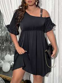 SHEIN Clasi Plus Asymmetrical Neck Flounce Sleeve Dress - Black - View 5