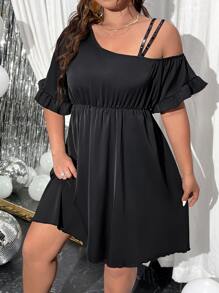 SHEIN Clasi Plus Asymmetrical Neck Flounce Sleeve Dress - Black - View 6