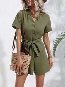 Breezaya Button Front Belted Romper - Army Green - View 3