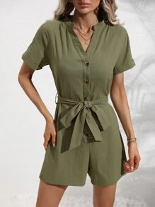Breezaya Button Front Belted Romper - Army Green - View 4