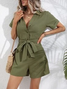 Breezaya Button Front Belted Romper - Army Green - View 5
