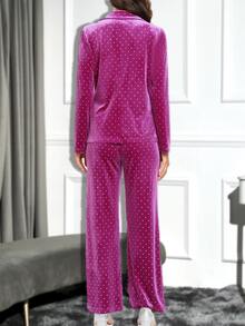 Allurite Rhinestone Detail Lapel Collar Single Button Blazer & Trousers - Hot Pink - View 2