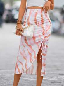 SHEIN Essnce Tie Dye Drawstring Split Thigh Skirt - Multicolor - View 4