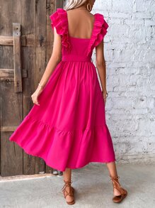 SHEIN VCAY Vestido con cinturón unicolor con diseño fruncido bajo con fruncido - Rosa Fucsia - Ver 4