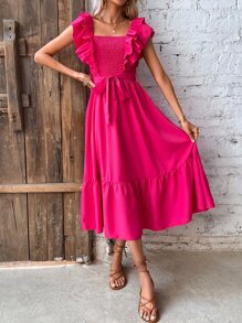 SHEIN VCAY Vestido con cinturón unicolor con diseño fruncido bajo con fruncido - Rosa Fucsia - Ver 2