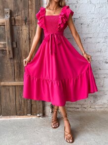 SHEIN VCAY Vestido con cinturón unicolor con diseño fruncido bajo con fruncido - Rosa Fucsia - Ver 6
