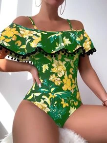 Floral Print Pom-pom Decor One Piece Swimsuit - Green - View 3