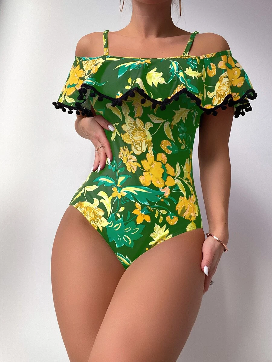 Floral Print Pom-pom Decor One Piece Swimsuit - Green - View 1