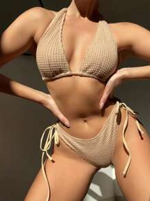 Conjunto de bikini simple para playa de verano con tirantes de cuello y laterales ajustables - Albaricoque - Ver 1