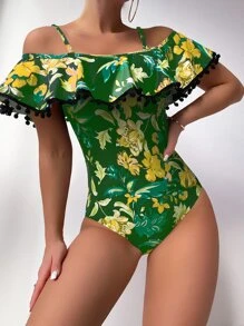 Floral Print Pom-pom Decor One Piece Swimsuit - Green - View 4
