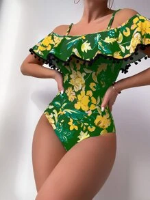 Floral Print Pom-pom Decor One Piece Swimsuit - Green - View 5
