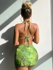 菊花花型露背頸吊裝夏季沙灘比基尼套裝，附海灘短裙