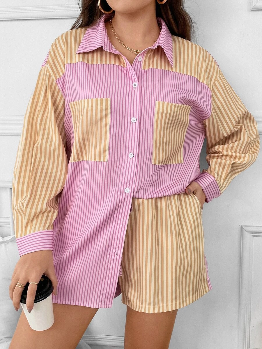 Flirla con estampado de rayas de hombros caídos Camisa & Shorts