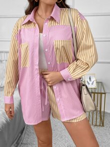 Flirla con estampado de rayas de hombros caídos Camisa & Shorts