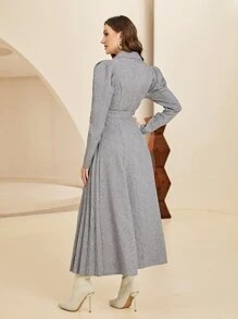 Modelyn 西裝領羊腿袖百褶下擺繫腰帶洋裝