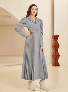 Modelyn 西裝領羊腿袖百褶下擺繫腰帶洋裝