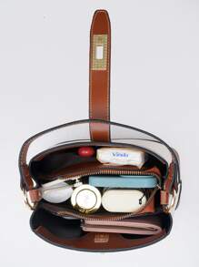 时尚拼色水桶包斜挎包，简约休闲手提/单肩小包