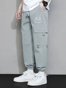 Manfinity EMRG Men Letter & Expression Print Flap Pocket Drawstring Waist Cargo Pants - Grey - View 6