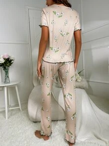 Floral Print Lettuce Trim Bow Front PJ Set - Apricot - View 2