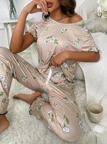 Floral Print Lettuce Trim Bow Front PJ Set - Apricot - View 5