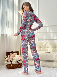 Cartoon & Letter Graphic Button Front Lettuce Trim Sleep Jumpsuit - Multicolor - View 2