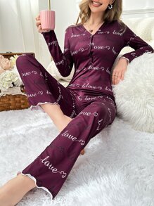 Buchstaben-Grafik Salat-Saum Knopfverschluss Schlaf-Jumpsuit, Herbst, Winter